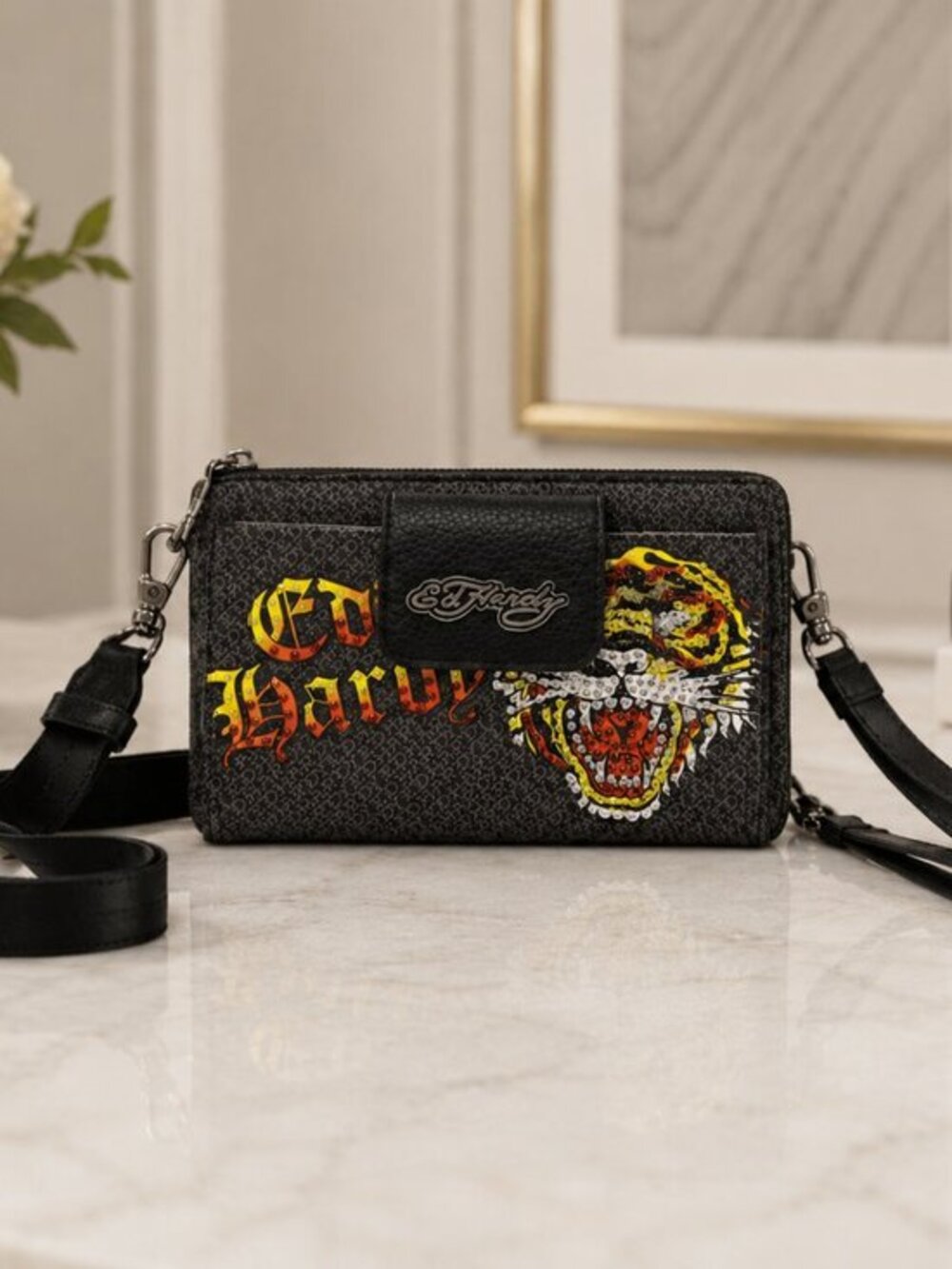 Ed Hardy Tiger Rhinestone Wallet Crossbody Wristlet Black NWT